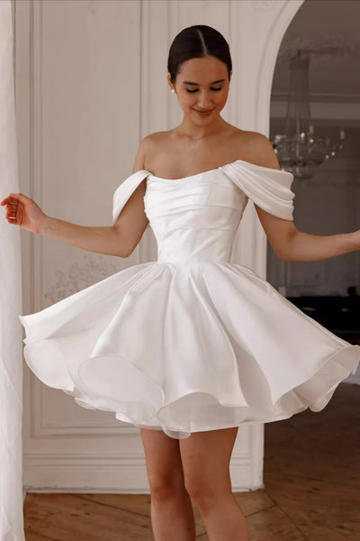 Off the Shoulder Short White Satin Prom Dresses, Short White Satin Homecoming Engagement Dresses