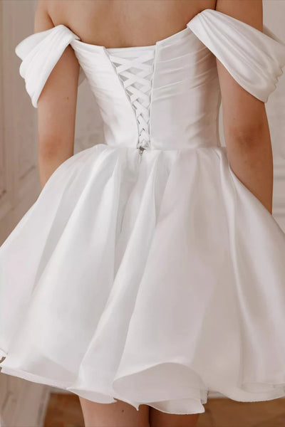 Off the Shoulder Short White Satin Prom Dresses, Short White Satin Homecoming Engagement Dresses