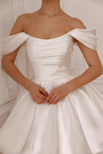 Off the Shoulder Short White Satin Prom Dresses, Short White Satin Homecoming Engagement Dresses