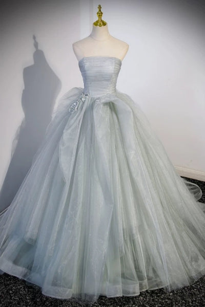 Off the Shoulder Silver Gray Tulle Long Prom Dresses, Silver Gray Tulle Long Formal Evening Dresses