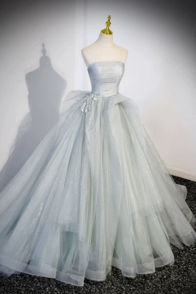 Off the Shoulder Silver Gray Tulle Long Prom Dresses, Silver Gray Tulle Long Formal Evening Dresses