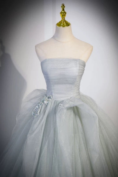 Off the Shoulder Silver Gray Tulle Long Prom Dresses, Silver Gray Tulle Long Formal Evening Dresses