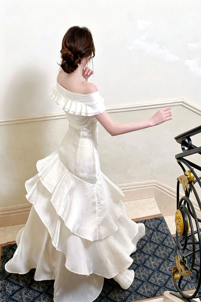 Off the Shoulder White Mermaid Layered Long Prom Dresses, White Layered Mermaid Long Formal Graduation Dresses