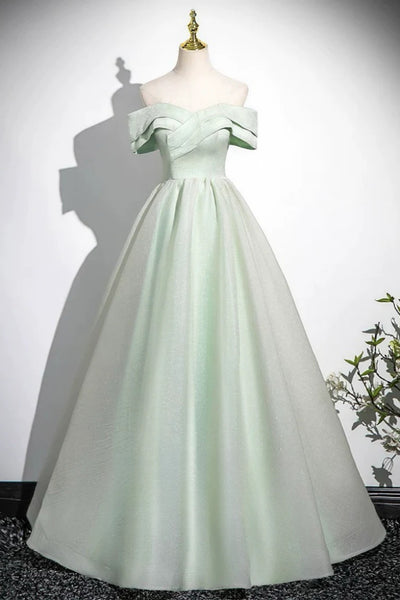Off the Shoulderl Green Satin Long Prom Dresses, Green Satin Long Formal Graduation Dresses