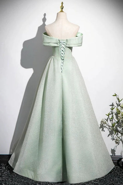 Off the Shoulderl Green Satin Long Prom Dresses, Green Satin Long Formal Graduation Dresses