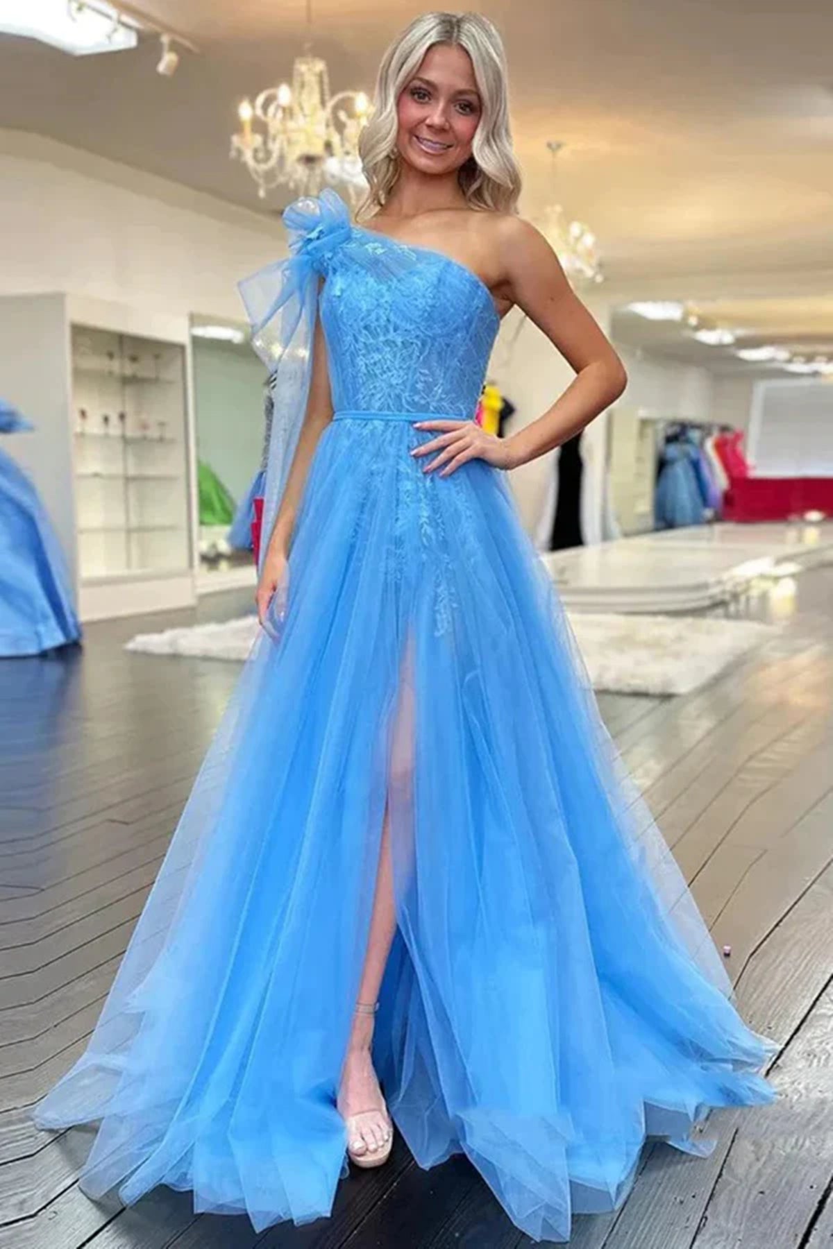 One Shoulder Blue Lace Long Prom Dresses with High Slit, One Shoulder Blue Formal Dresses, Blue Tulle Evening Dresses