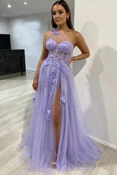 One Shoulder Purple Tulle Long Prom Dresses with Flowers, Lilac Floral Formal Dresses with High Slit, Purple Evening Dresses