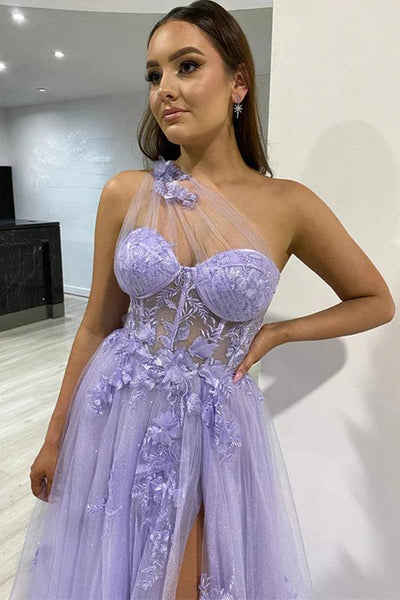 One Shoulder Purple Tulle Long Prom Dresses with Flowers, Lilac Floral Formal Dresses with High Slit, Purple Evening Dresses
