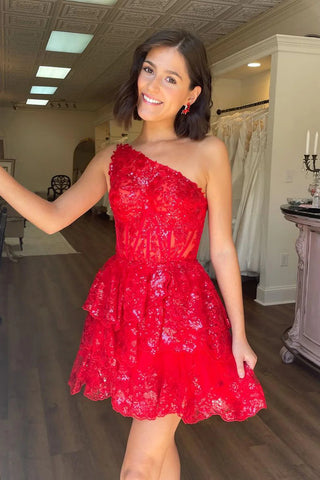 One Shoulder Short Red Lace Prom Dresses, One Shoulder Short Red Lace Formal Graduation Dresses