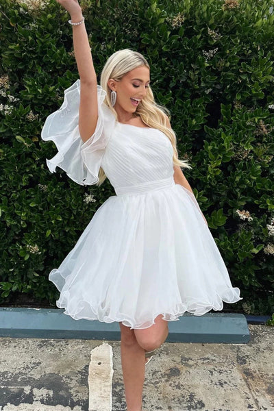 One Shoulder Short White Purple Red Ruffle Tulle Prom Dresses, One Shoulder Short Homecoming Dresses