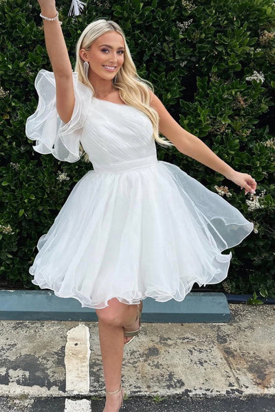 One Shoulder Short White Purple Red Ruffle Tulle Prom Dresses, One Shoulder Short Homecoming Dresses