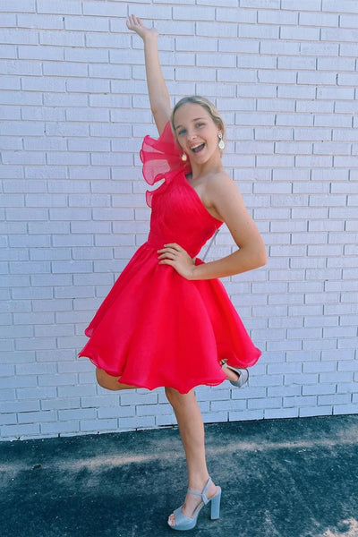 One Shoulder Short White Purple Red Ruffle Tulle Prom Dresses, One Shoulder Short Homecoming Dresses