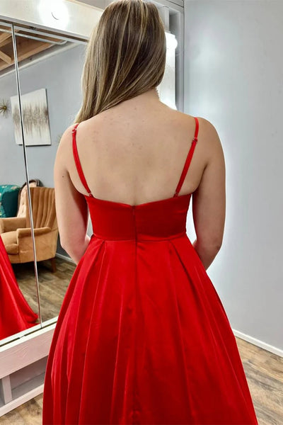 Open Back A Line Red Satin Long Prom Dresses, Long Red Formal Graduation Evening Dresses