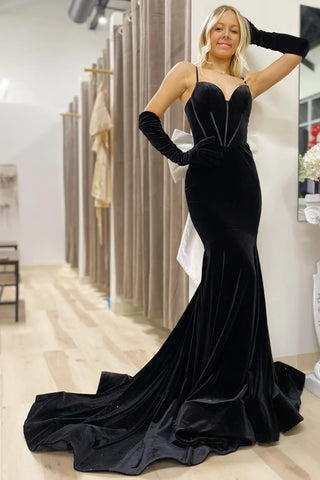 Open Back Mermaid Black Velvet Long Prom Dresses with Train, Black Velvet Formal Graduation Evening Dresses