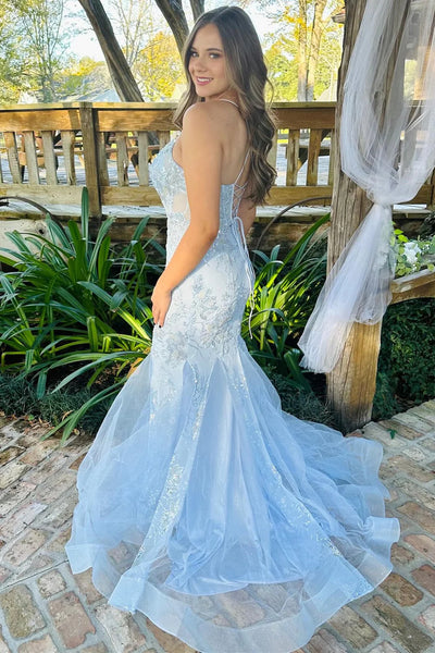 Open Back Mermaid Light Blue Lace Long Prom Dresses, Mermaid Light Blue Formal Dresses, Light Blue Lace Evening Dresses