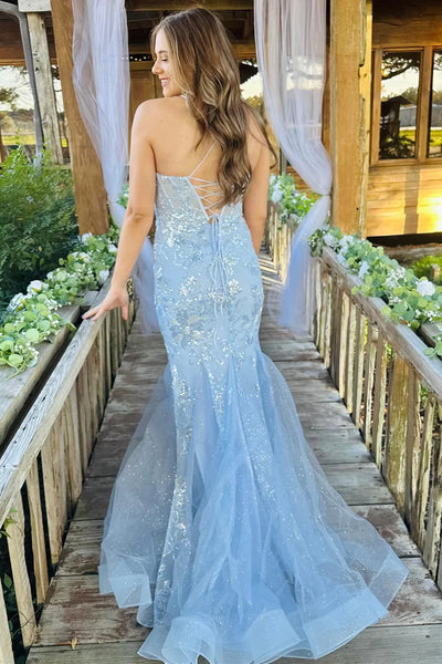 Open Back Mermaid Light Blue Lace Long Prom Dresses, Mermaid Light Blue Formal Dresses, Light Blue Lace Evening Dresses