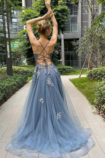 Open Back V Neck Blue Gray Lace Long Prom Dresses with High Slit, Blue Gray Lace Formal Dresses, Tulle Evening Dresses
