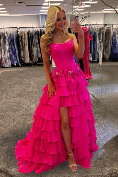 Pink Blue Yellow Layered Long Prom Dresses, Long Layered Formal Dresses