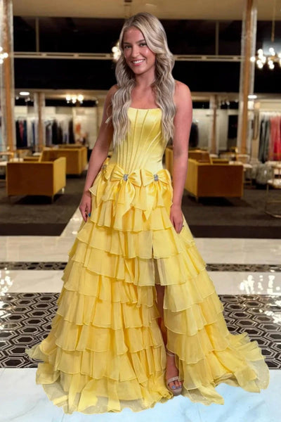 Pink Blue Yellow Layered Long Prom Dresses, Long Layered Formal Dresses