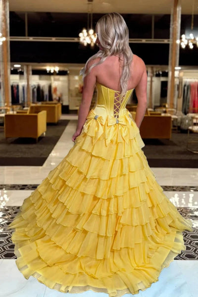 Pink Blue Yellow Layered Long Prom Dresses, Long Layered Formal Dresses