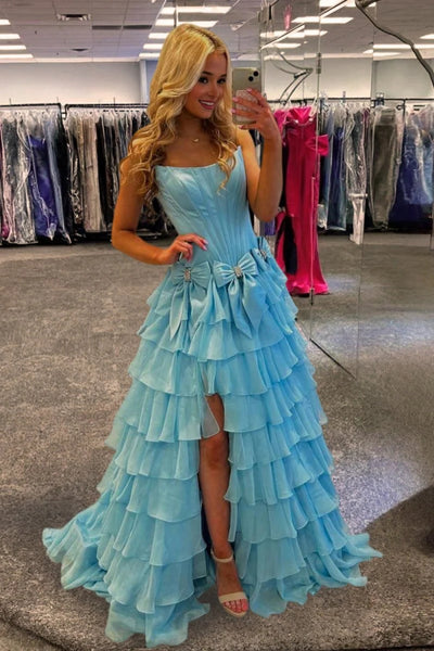 Pink Blue Yellow Layered Long Prom Dresses, Long Layered Formal Dresses