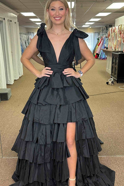 Plunging V Neck Ruffled Long Prom Dresses, V Neck Ruffled Long Formal Evening Dresses