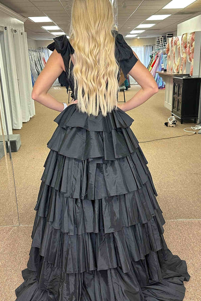 Plunging V Neck Ruffled Long Prom Dresses, V Neck Ruffled Long Formal Evening Dresses