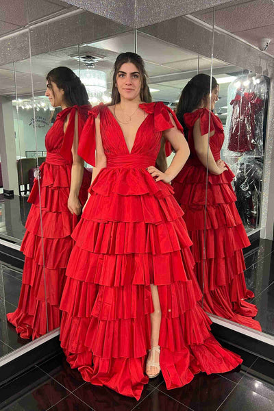 Plunging V Neck Ruffled Long Prom Dresses, V Neck Ruffled Long Formal Evening Dresses