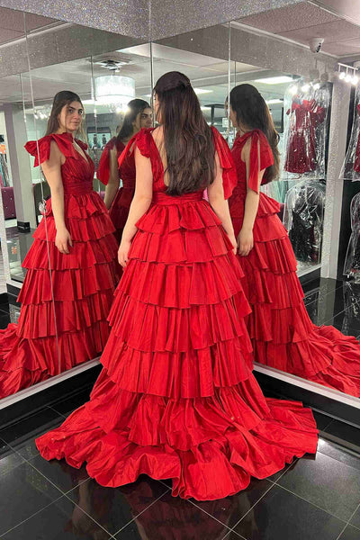 Plunging V Neck Ruffled Long Prom Dresses, V Neck Ruffled Long Formal Evening Dresses