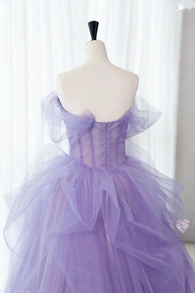 Purple Lace Floral Tulle Long Prom Dresses, Purple Tulle Long Lace Formal Evening Dresses