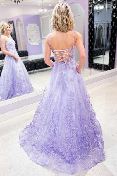 Purple Tulle Lace Long Prom Dresses, Lilac Tulle Lace Long Formal Evening Dresses