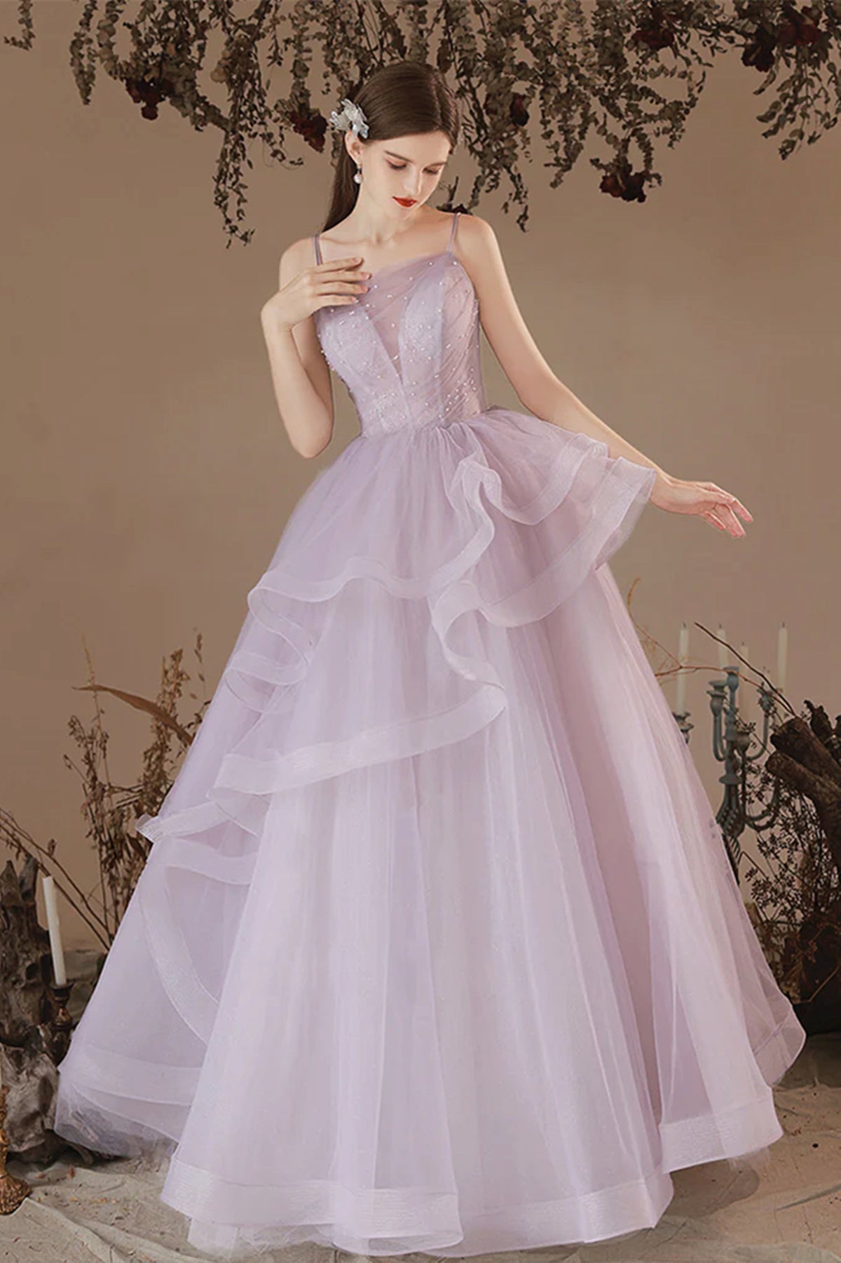 Purple Tulle Long Prom Dresses, Floor Length Purple Tulle Long Formal Evening Dresses