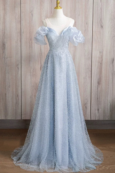 Round Neck Off the Shoulder Shiny Blue Long Prom Dresses, Off Shoulder Blue Long Formal Dresses