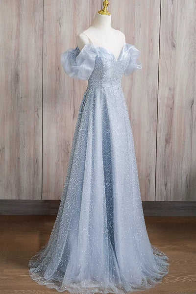 Round Neck Off the Shoulder Shiny Blue Long Prom Dresses, Off Shoulder Blue Long Formal Dresses