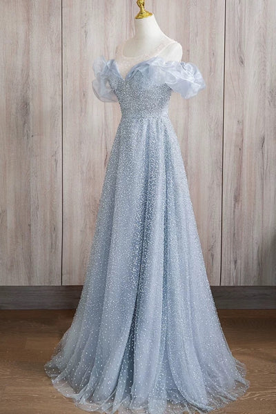 Round Neck Off the Shoulder Shiny Blue Long Prom Dresses, Off Shoulder Blue Long Formal Dresses