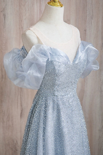 Round Neck Off the Shoulder Shiny Blue Long Prom Dresses, Off Shoulder Blue Long Formal Dresses