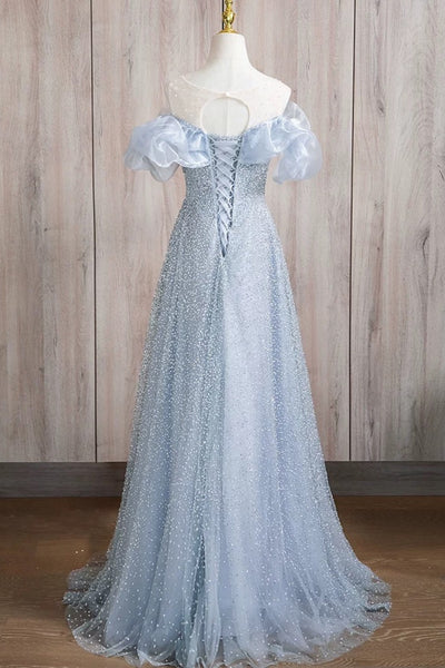 Round Neck Off the Shoulder Shiny Blue Long Prom Dresses, Off Shoulder Blue Long Formal Dresses