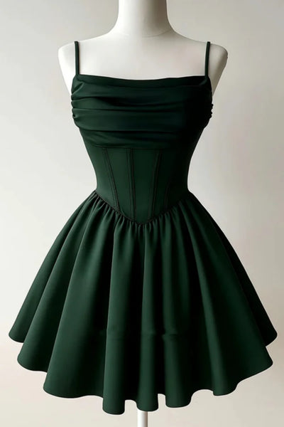 Scoop Neck Short Dark Green Prom Dresses, Short Dark Green Formal Homecoming Dresses