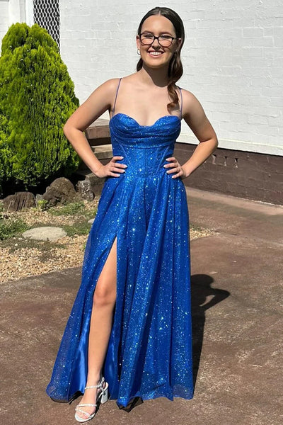 Shiny A Line Sweetheart Neck Blue Tulle Long Prom Dresses with Leg Slit, Long Blue Formal Graduation Evening Dresses