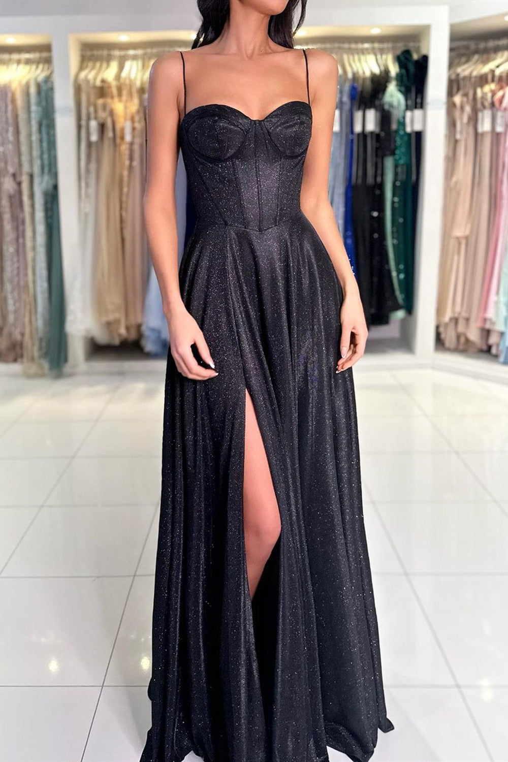 Shiny Black High Slit Long Prom Dreses, High Slit Shiny Formal Evening Dresses