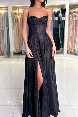 Shiny Black High Slit Long Prom Dreses, High Slit Shiny Formal Evening Dresses