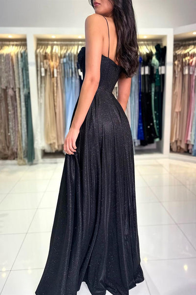 Shiny Black High Slit Long Prom Dreses, High Slit Shiny Formal Evening Dresses
