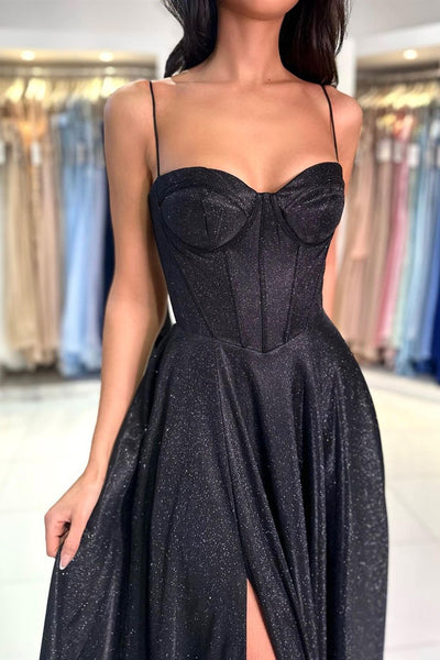 Shiny Black High Slit Long Prom Dreses, High Slit Shiny Formal Evening Dresses