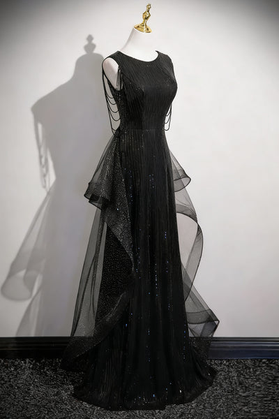 Shiny Black Long Prom Dresses, Black Long Formal Evening Dresses