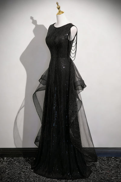 Shiny Black Long Prom Dresses, Black Long Formal Evening Dresses