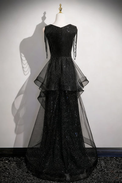 Shiny Black Long Prom Dresses, Black Long Formal Evening Dresses