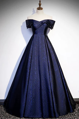 Shiny Off the Shoulder Blue Prom Dresses, Off Shoulder Blue Formal Evening Dresses