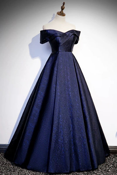 Shiny Off the Shoulder Blue Prom Dresses, Off Shoulder Blue Formal Evening Dresses