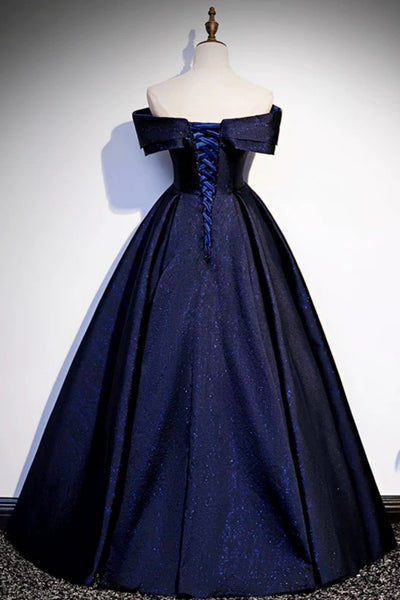 Shiny Off the Shoulder Blue Prom Dresses, Off Shoulder Blue Formal Evening Dresses