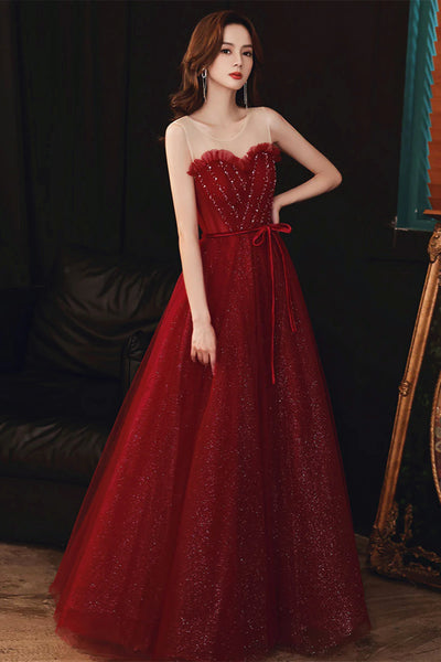 Shiny Round Neck Burgundy Long Tulle Prom Dresses, Wine Red Long Tulle Formal Evening Dresses